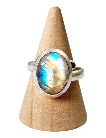 Faceted white Labradorite ring set in 925 silver