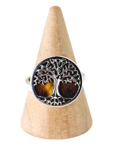 Anel da árvore da vida Olho de Tigre incrustado em prata 925
