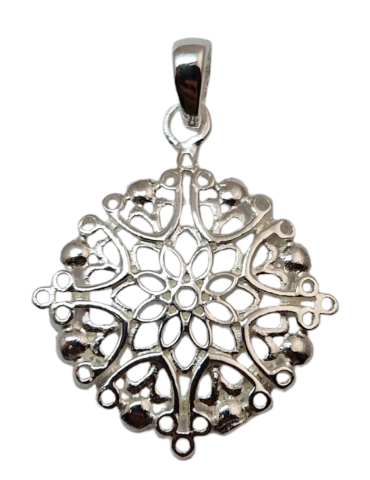 Mandala flower pendant carved silver 925