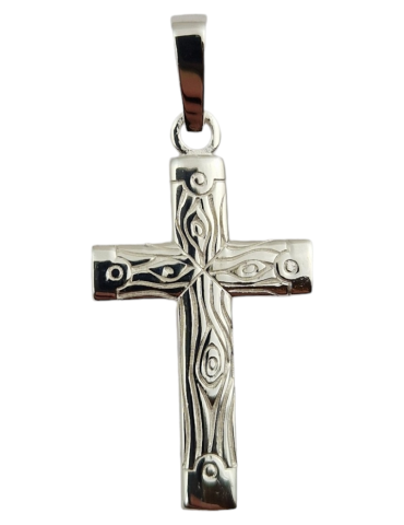 Carved bark cross pendant 925 silver
