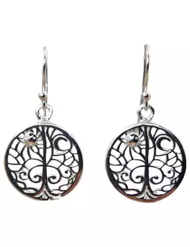 Boucles d'oreilles arbre de vie soleil lune 6 sculptées argent 925