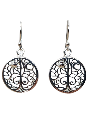 Sun moon tree of life earrings 6 carved 925 silver