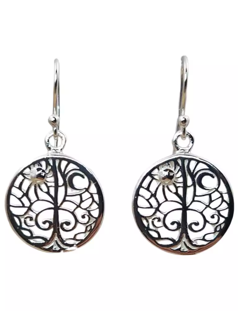 Sun moon tree of life earrings 6 carved 925 silver