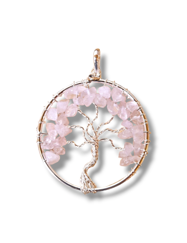 Pendentif tressé arbre de vie quartz rose