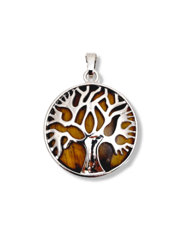 Tiger eye tree of life metal pendant