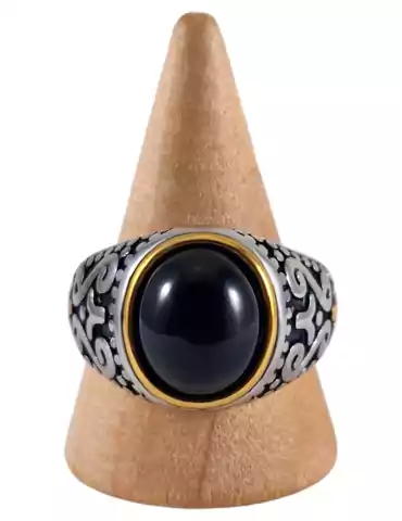 Bague chevalière acier Obsidienne 1