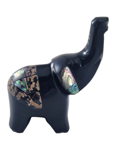 Obsidian Elephant inlaid with mother-of-pearl