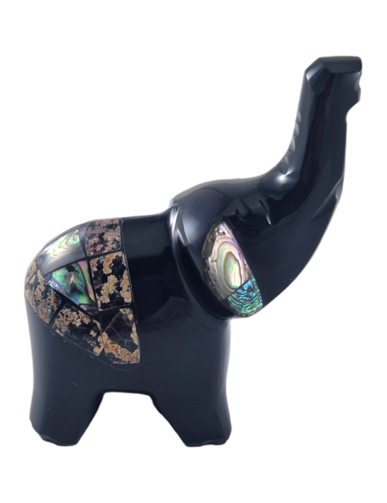 Obsidian Elefant mit Perlmutt eingelegt