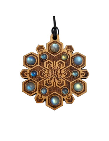 Tibetan Namkha style wooden pendant with 4cm Labradorite
