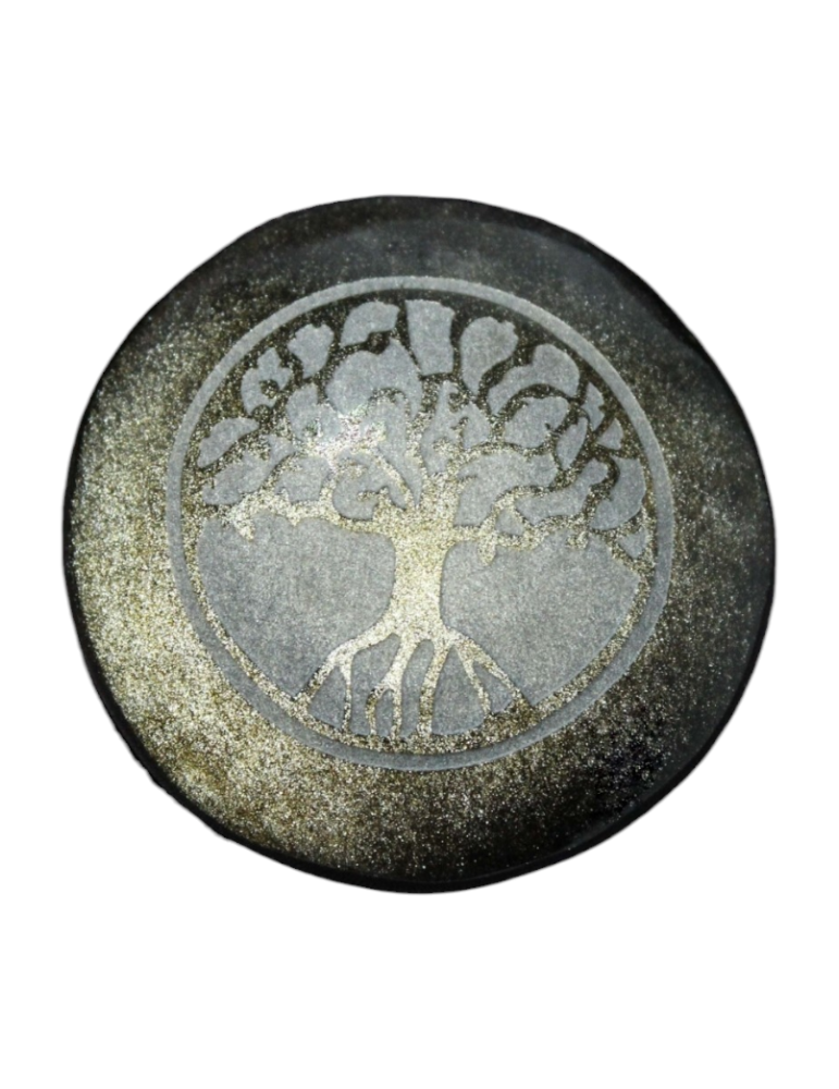 Gegraveerde steen boom des levens obsidiaan 5 cm