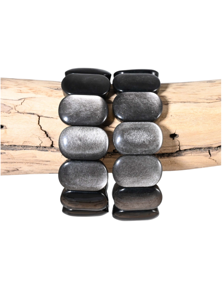 Zilveren rechthoekige afgeronde obsidiaan armband AA