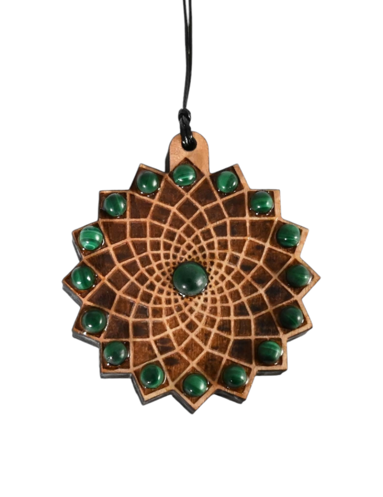 Pendentif en bois soleil de vie malachite 4cm