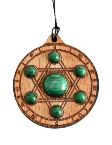 Pendentif en bois Zodiaque métatron en Malachite 4cm