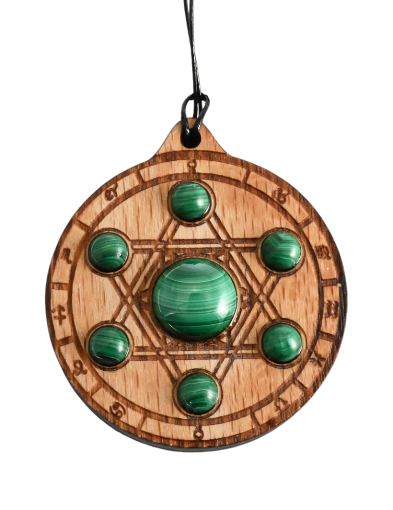 Pendentif en bois Zodiaque métatron en Malachite 4cm