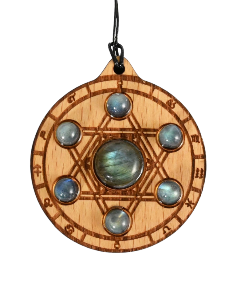 Pendente in legno Zodiaco sigillo di Salomone in labradorite 4cm