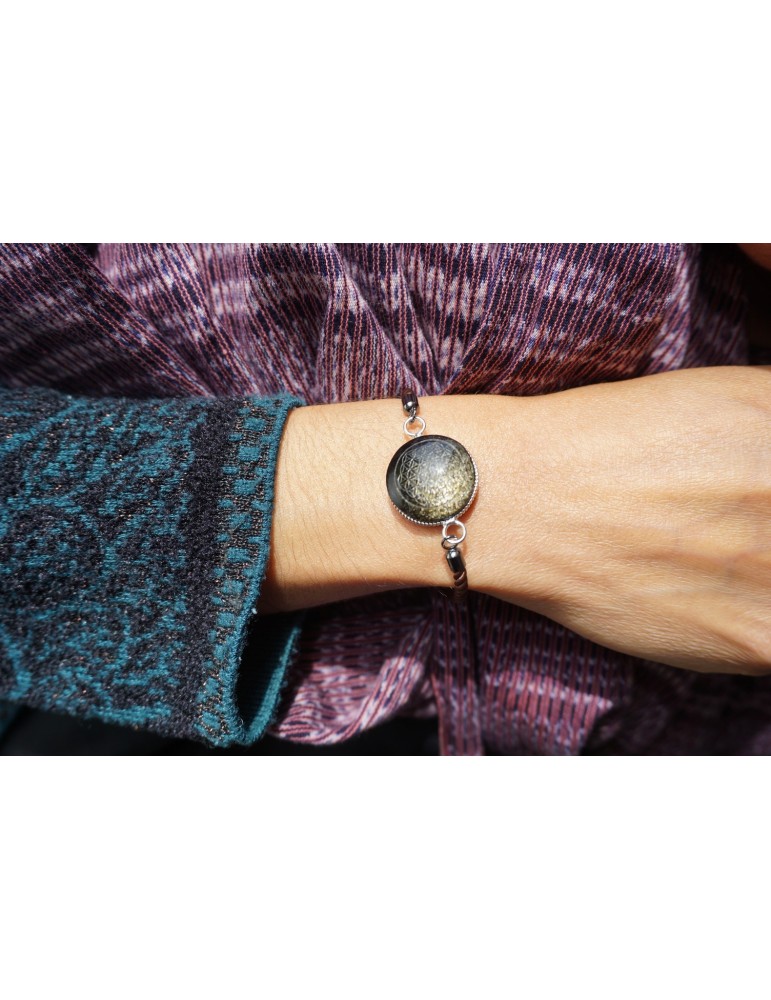 Brazalete de flor de la vida en Obsidiana Dorada