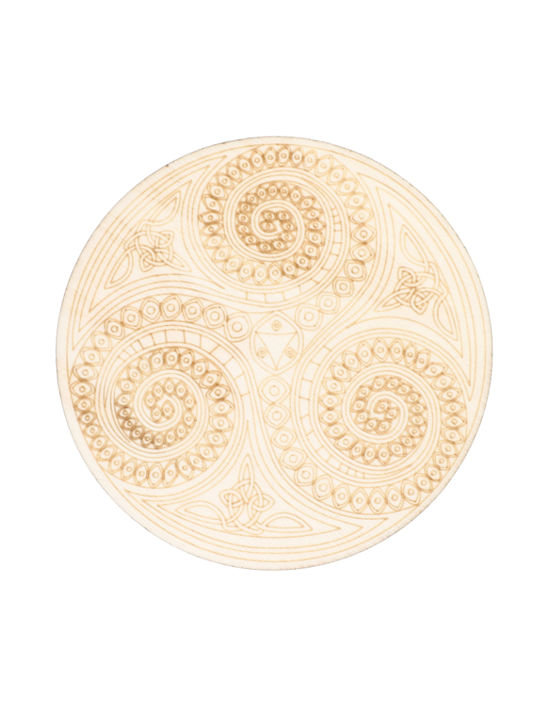 Wooden engraved disc with five triskelions