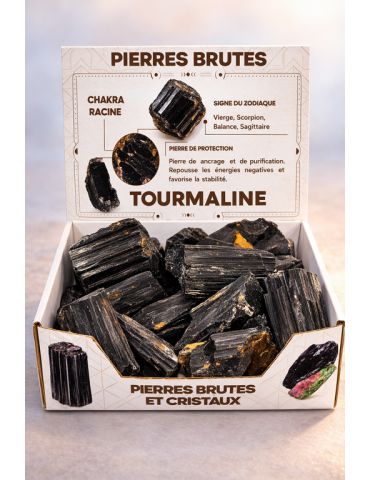 Black tourmaline raw stone display