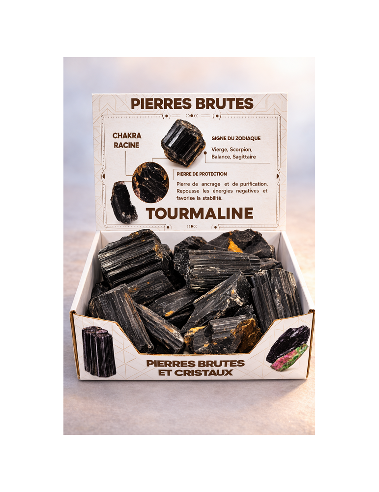 Expositor de turmalina negra en piedras brutas