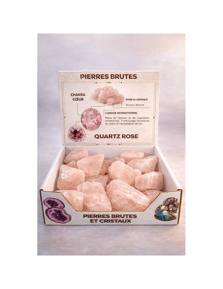 Raw rose quartz stone display