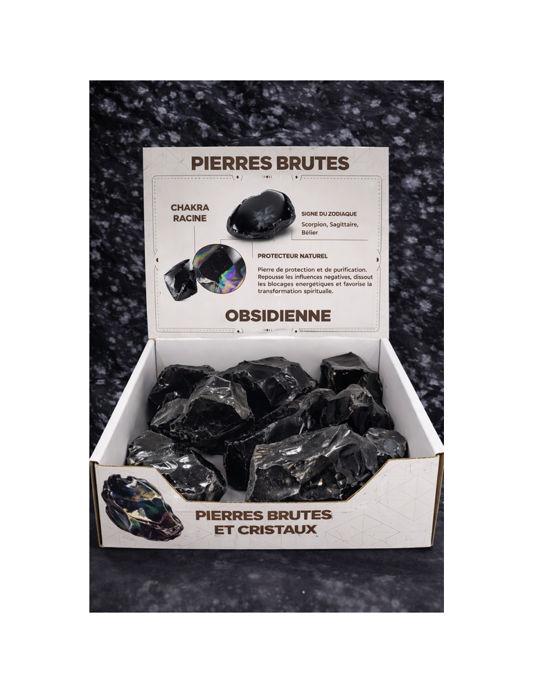 Obsidian raw stones display