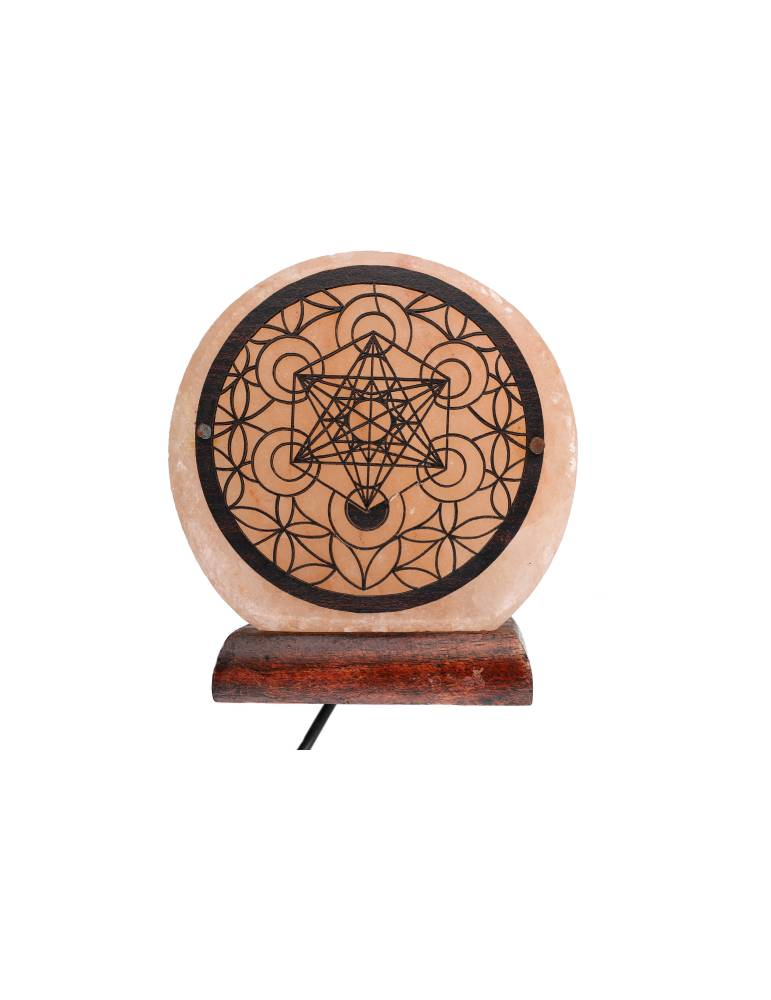 Lámpara de sal del Himalaya con diseño de Metatrón sobre flor 10 x 6