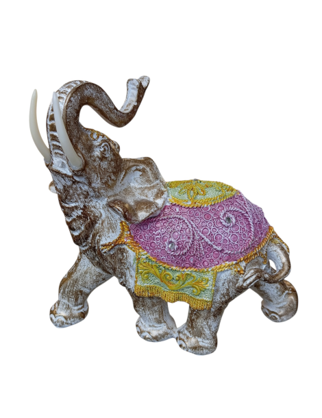 Elefante bardato rosa e giallo 22 cm