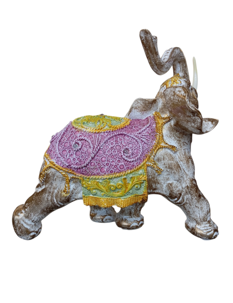Elefante bardato rosa e giallo 22 cm
