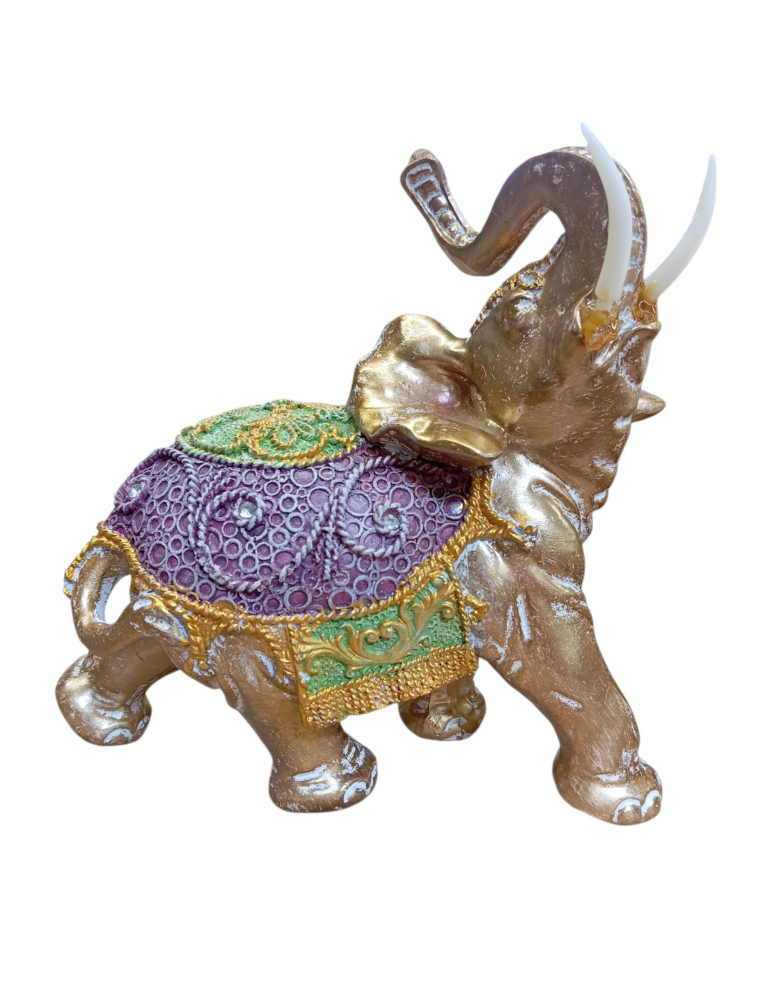 Elefante dorado con gualdrapa verde y violeta de 18 cm