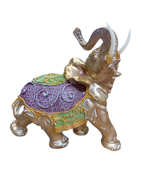 Elefante dorato con gualdrappa verde viola 18 cm
