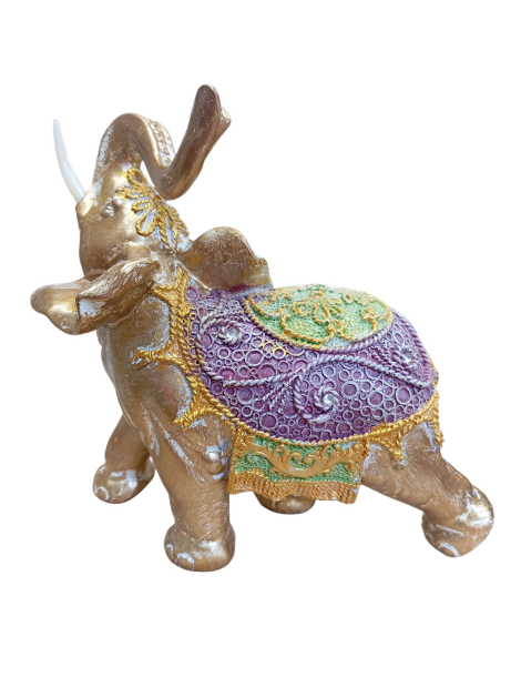 Elefante dorato con gualdrappa verde viola 18 cm