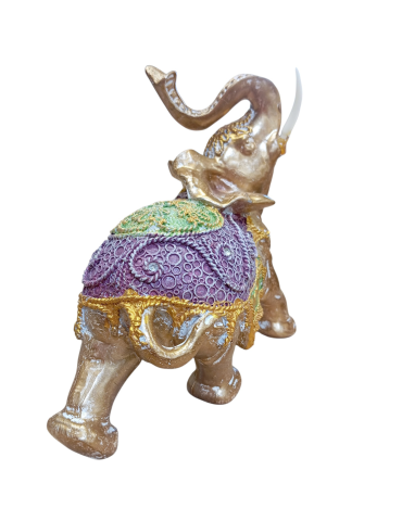Goldener Elefant mit grün-violetter Decke 18 cm