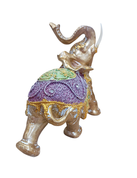 Elefante dorato con gualdrappa verde viola 18 cm