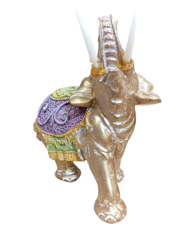 Elefante dorato con gualdrappa verde viola 18 cm