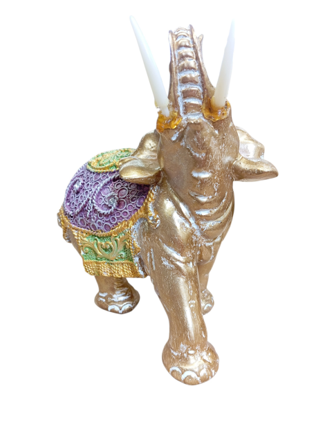 Elefante dorato con gualdrappa verde viola 18 cm