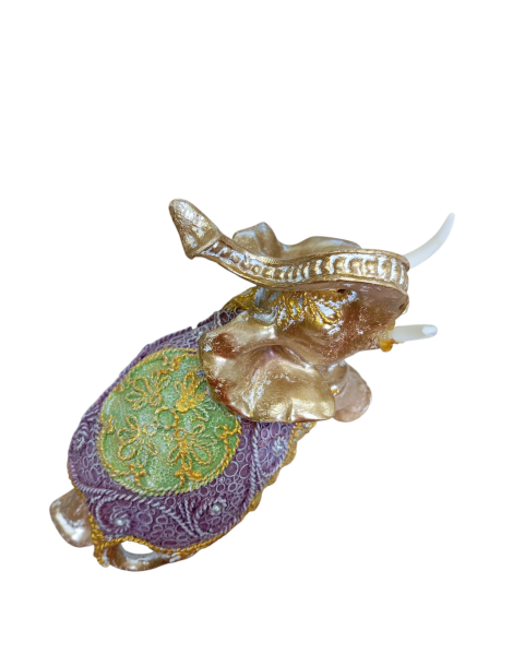 Elefante dorato con gualdrappa verde viola 18 cm