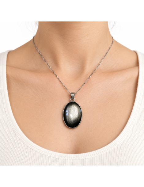 Pingente cabochão de obsidiana prateada AA