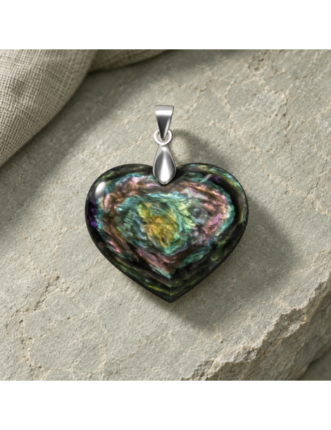Dubbelzijdige hanger hart obsidiaan manta huichol AA