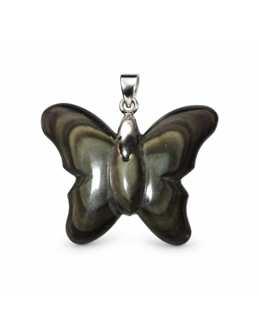 Pendentif papillon en obsidienne œil céleste A du Mexique sur fond blanc