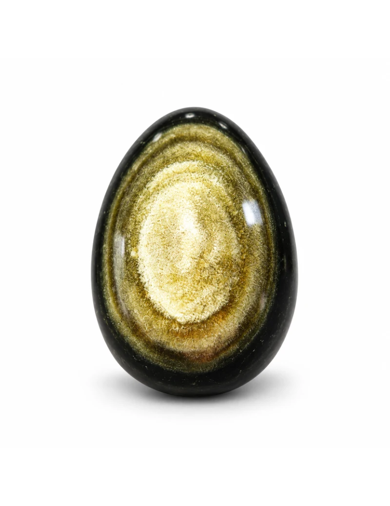 Œuf en obsidienne dorée AA du Mexique sur fond blanc – reflets dorés naturels