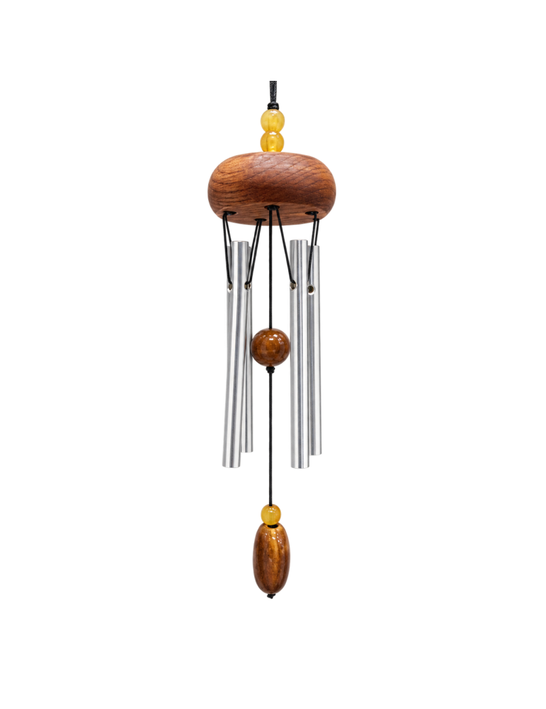 Carillon à vent 28 cm en bois brun, quatre tubes argentés et perles couleur ambre