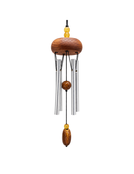 Carillon à vent 28 cm en bois brun, quatre tubes argentés et perles couleur ambre