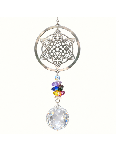 Suspension mandala en acier poli avec perles colorées et cristal, hauteur 40 cm