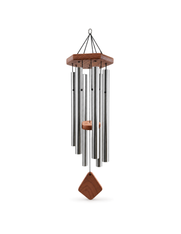 Grand carillon à vent argenté de 91 cm avec support et battant en bois brun, vue produit sur fond clair