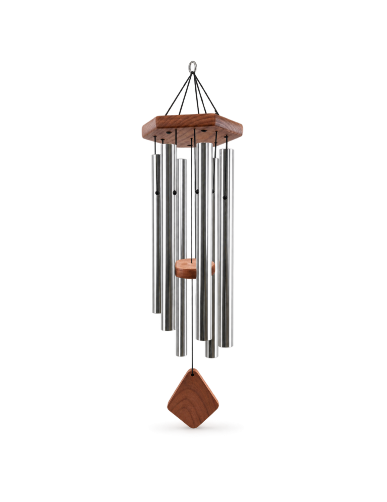 Grand carillon à vent argenté de 91 cm avec support et battant en bois brun, vue produit sur fond clair