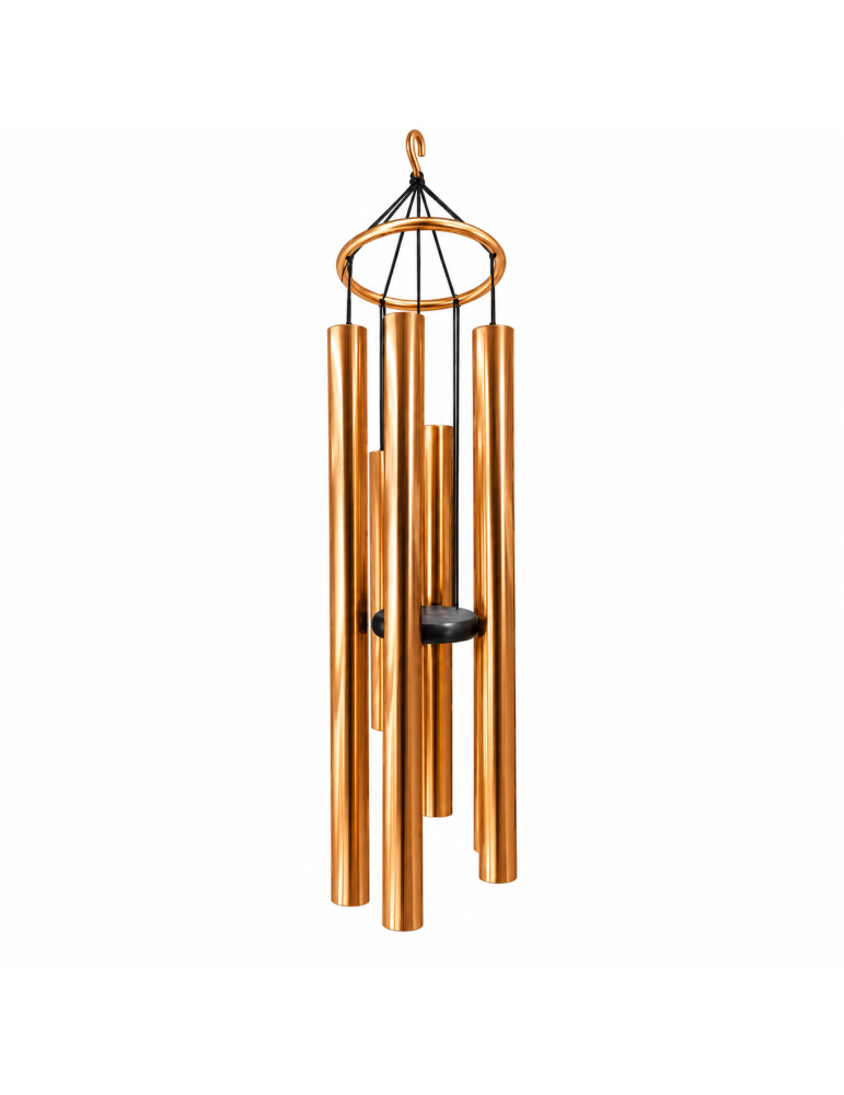 Grand carillon à vent Auréole rose doré 147 cm, tubes métalliques et couronne ronde sur fond blanc