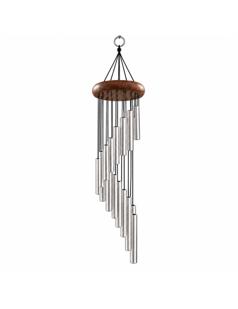 Carillon à vent spirale argentée de 89 cm sur fond blanc, couronne en bois et tubes métalliques