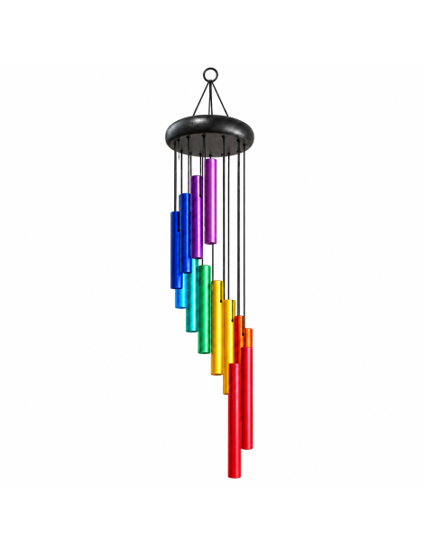 Carillon à vent spirale multicolore 74 cm sur fond blanc, tubes métalliques en dégradé arc-en-ciel