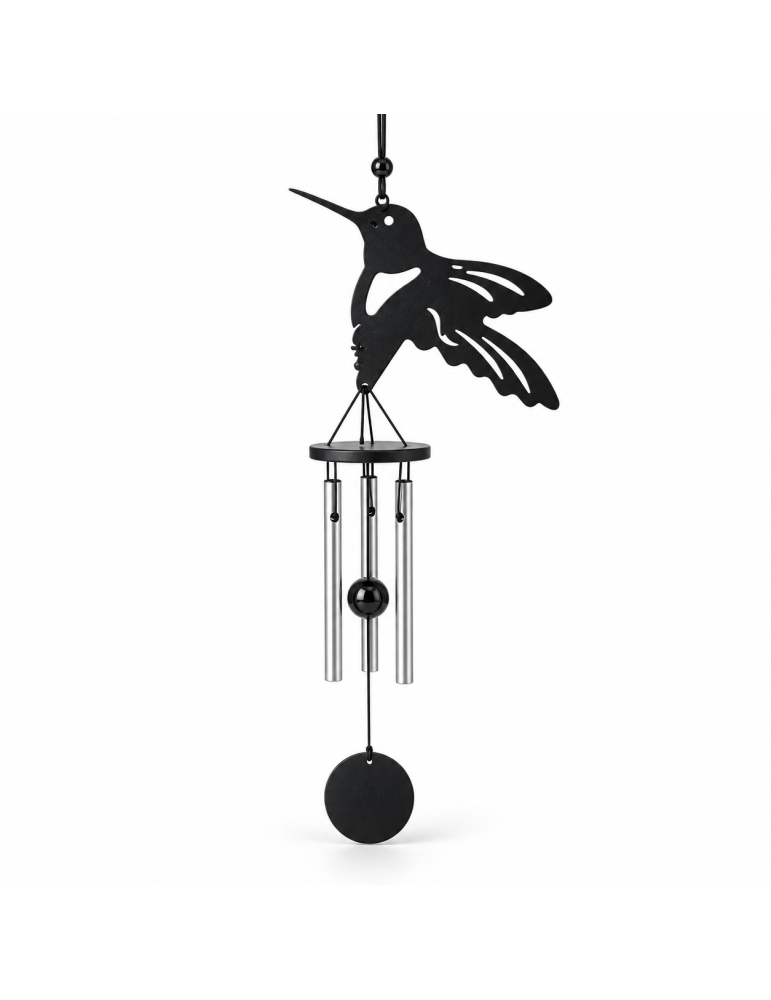 Carillon colibri noir et trois tubes argentés, vue produit sur fond clair