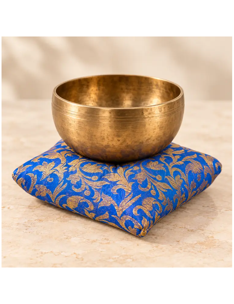 Coussin carré pour bol chantant bleu et or – 12 ou 15 cm